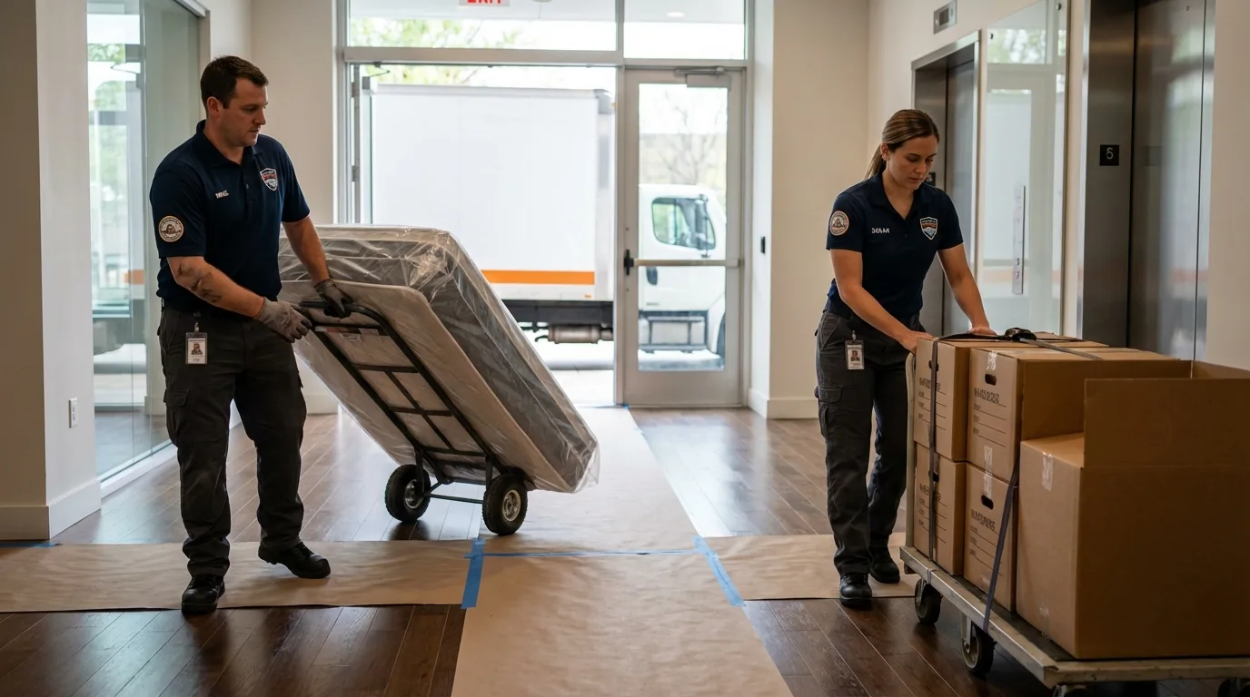 Professional apartment movers loading elevator in Federal Way, WA