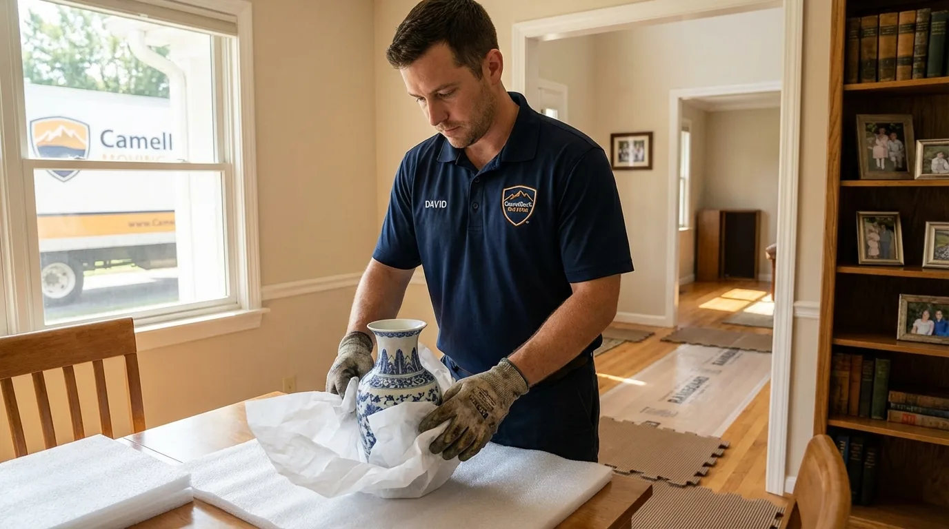 Professional crew carefully wrapping antique vase for senior downsizing move in Federal Way, WA